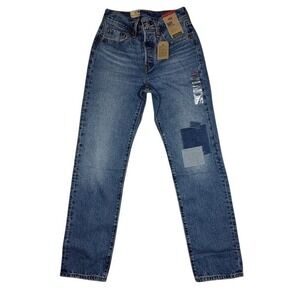 Levis 501 Original Womens High Rise Straight Leg Patchwork‎ Jeans Blue 24x30 NEW
